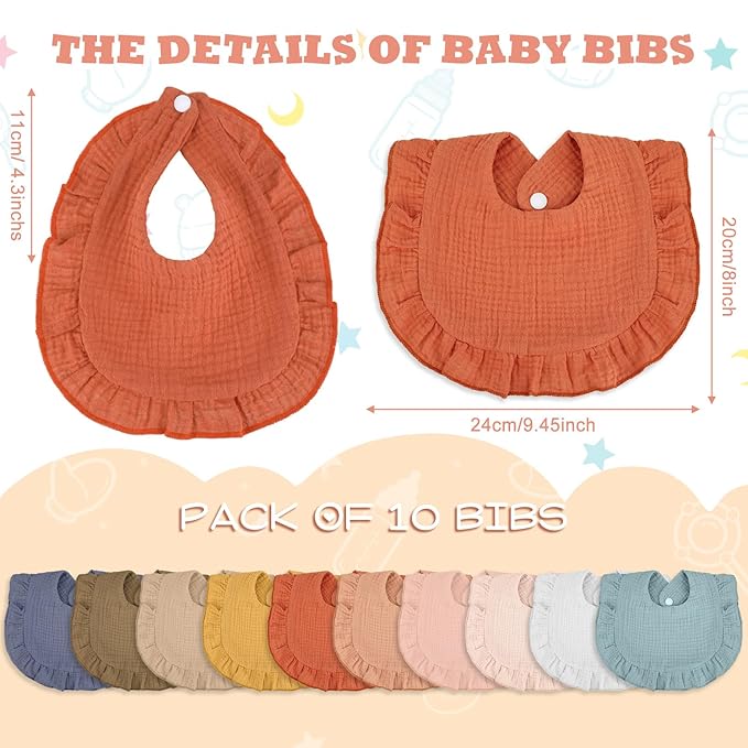 Seematn 10 Pcs Baby Muslin Bibs Drool Bibs Bandana Ruffle Soft Cotton for Newborn Baby Infants Girl Teething Toddlers Boy(Gentle Colors)