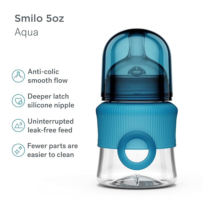 Smilo Baby Bottle Set with Stage 0 Slow Flow Anti Colic Nipple, 5 Oz / 150 ml Capacity, 3X Pack of Anti Colic Baby Bottles 0-3 Months - Aqua Blue