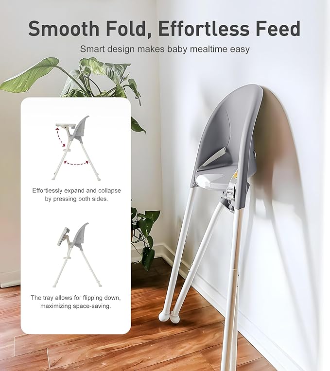 Funny Supply 3-in-1 Cute Folding High Chair, High Chairs for Babies and Toddlers, Modern Space Saving Highchair with Removable Double Tray, Easy to Clean, Light Weight Baby Feeding Chair, Gray
