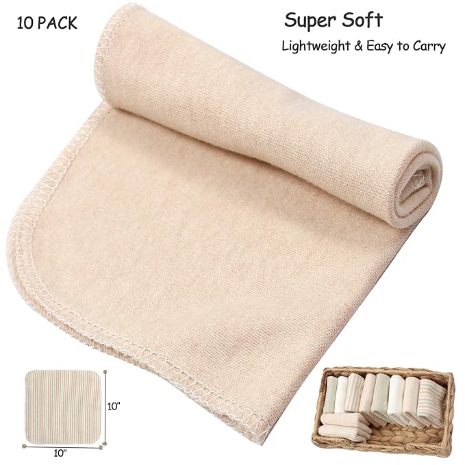 Organic Cotton Baby Washcloths - 10 Pack | Ultra-Soft Newborn Face Bath Towel - Reusable Baby Wipes for Delicate Skin Thin & Lightweight (Multicolor)