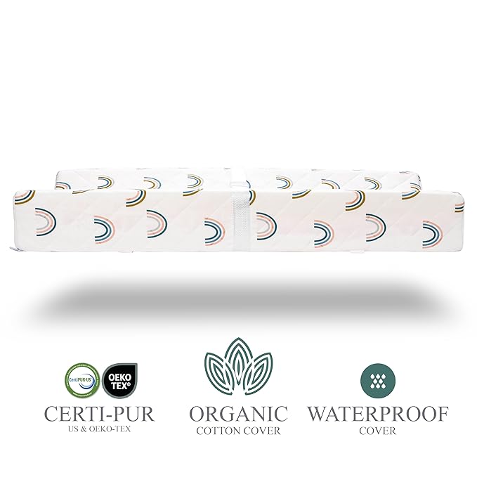 Organic Cotton Contoured Baby Changing Pad w/Waterproof Foam Mattress, Includes Soft, Removable & Washable Cover, Safety Strap, Non-Slip Bottom, Topper for Standard Size Infant Diaper Table & Dresser