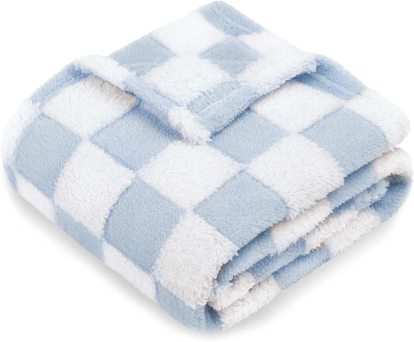 HOMRITAR Checkered Baby Blanket for Boys Girls Warm Cozy Reversible Checkerboard Toddler Blankets, Fluffy Fuzzy Plush Lightweight Bed Blanket with Chessboard Grid Design 350GSM Baby Blue 30 x 40 Inch