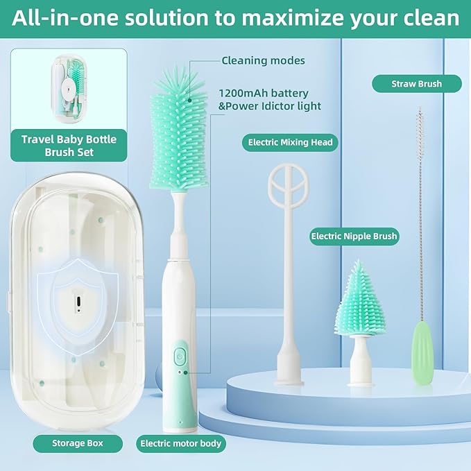 Electric Bottle Brush,Electric Baby Bottle Brush Set with Silicone Bottle/Pacifier/Straw Brush and Mixing Head, Water Bottle Cleaner Brush with Drying Rack, 2 Modes & 360° Rotation (Green)