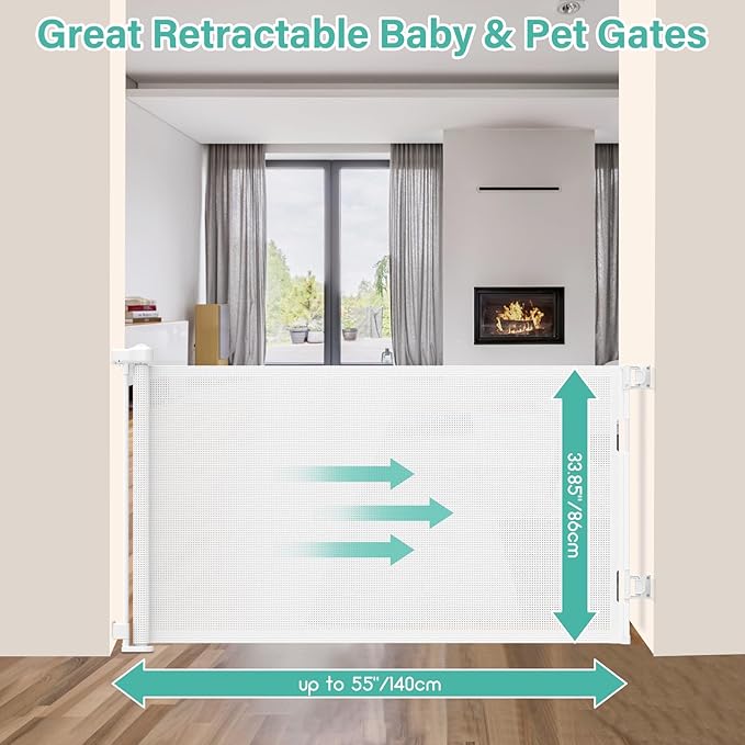 55 inch Retractable Baby Gates, EZIGO Extra Wide Baby Gate for Large Opening Extra Long Mesh Gate for Kids or Pet Dog Gate Child Safety Gate for Stairs Hallways Doorway Indoor Outdoor, White