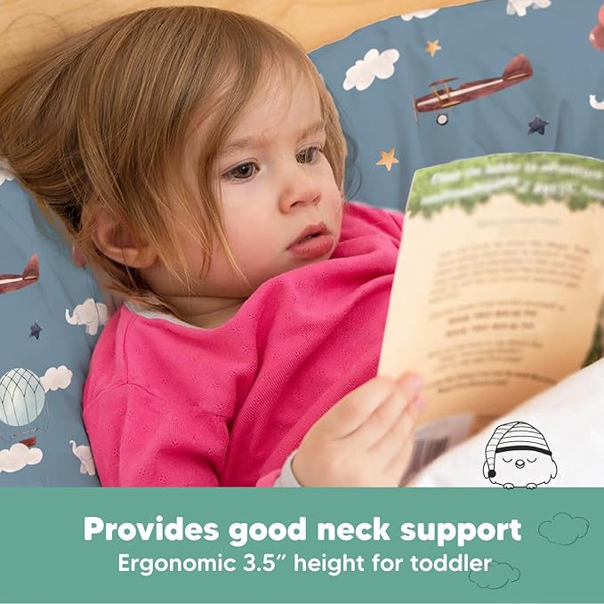 Toddler Pillow with Pillowcase - 13x18 My Little Dreamy Kids Travel Bed Pillows for Sleeping, Organic Cotton Small Pillowcase, Soft & Breathable, Machine Washable, Toddlers 2-5 Years Old (Up & Away)