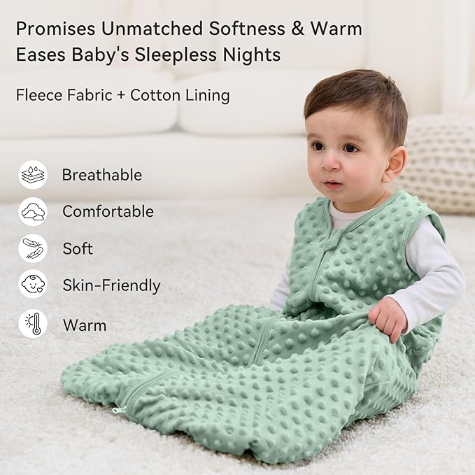 Fleece Baby Sleep Sack 6-12 Months with Plush Dots 1.5 Tog Baby Wearable Blanket with 2-Way Zipper Warm Sleeping Sack for Toddler Infant Newborn - Medium, Forest Green