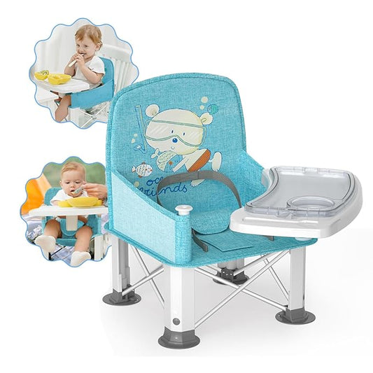 Baby Travel Booster Seat with Double Tray, BabyBond Upgraded Toddler Portable Baby Chair, Booster Seat for Dining Table, Stable and Foldable Booster Baby Chair for Indoor/Outdoor (Blue Sea World)