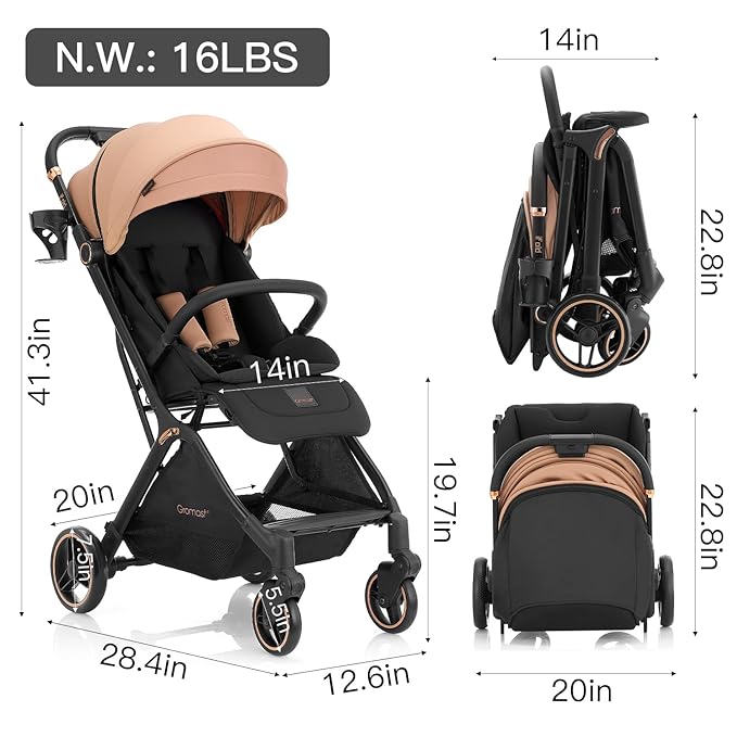 Gravity Folding Baby Stroller - Portable Travel Toddler Stroller w/Adjustable Backrest & Canopy, Cup Holder, Lightweight and UV Protected, One-Hand Automatic Folding - Khaki