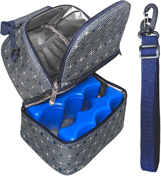 Insulated Breast Milk Cooler Bag – Fits 6 Bottles -Inclueds 2 Ice Packs – Dual Zipper Compartments - Detachable Strap - 9.4"x6.7"x10.6" – Blue Geometric Design - Portable & Durable