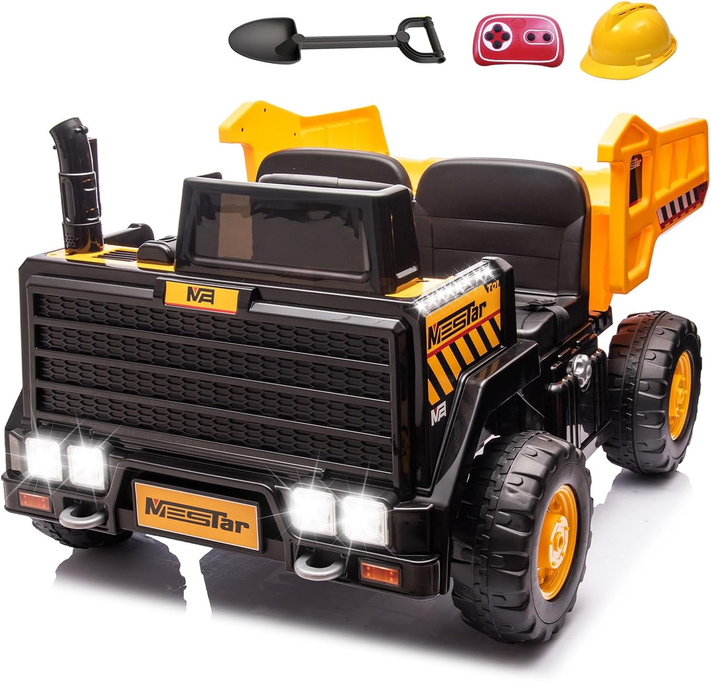 24V Ride On Dump Truck, 24inch-2 Seater Ride On Car for Kids w/Remote Control 4WD/2WD Up to 5 Mph, 24v Ride on Toys for Big Kids w/Electric Dump Bed Extra Shovel Traffic Cones (Yellow)