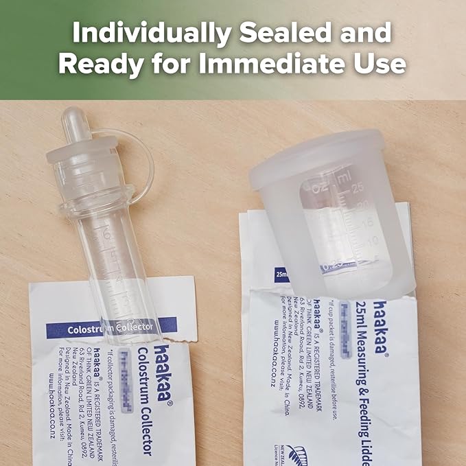 haakaa Colostrum Collectors 6ml/6pcs & Lidded Feeding Cup 25ml/1pc Set- Collect, Store & Feed Colostrum in One, Ready-to-Use Individually Wrapped, Reusable & Leakproof Colostrum Syringes