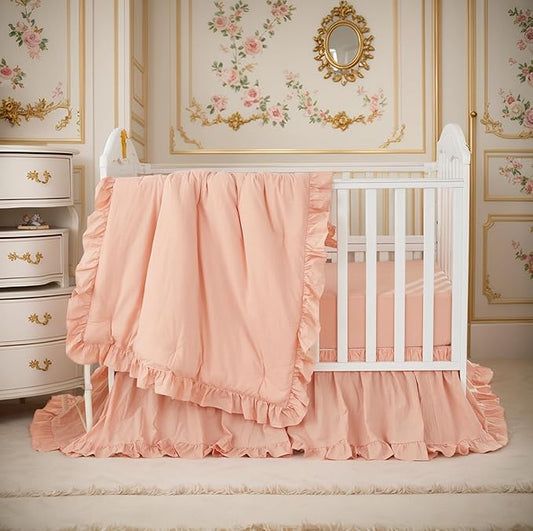 Brandream Gender Neutral Boho Bohemian Baby Girl Nursery Crib Bedding Set 3 Pieces Solid Blush Farmhouse Chic Ruffle Unisex Cozy 100% Washed Cotton