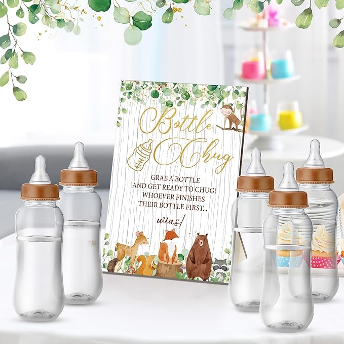 TrelaCo Woodland Animal Cool Baby Shower Games Bottle Chug Sign Wooden Woodland Gift Sets Gender Reveal Party Favors and 12 Pcs Baby Bottle Shower Favor for Gender Reveal