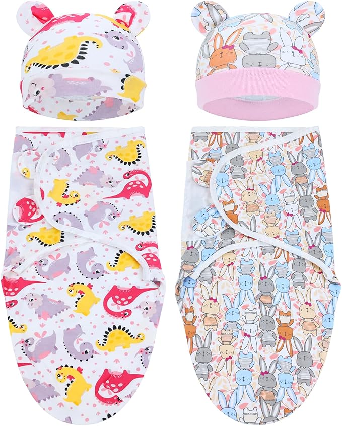 Cinaci 2 Pieces Adjustable Soft Cotton Baby Swaddle Sleep Sacks Hats Newborn Nursery Caps Beanies Bonnets Swaddle Blanket Wraps for Baby Girls Boys Infants Newborns (2PCS S5)