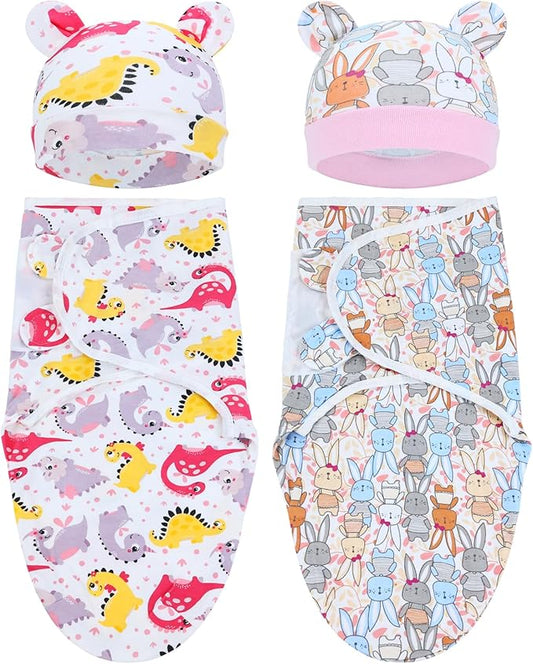 Cinaci 2 Pieces Adjustable Soft Cotton Baby Swaddle Sleep Sacks Hats Newborn Nursery Caps Beanies Bonnets Swaddle Blanket Wraps for Baby Girls Boys Infants Newborns (2PCS S5)