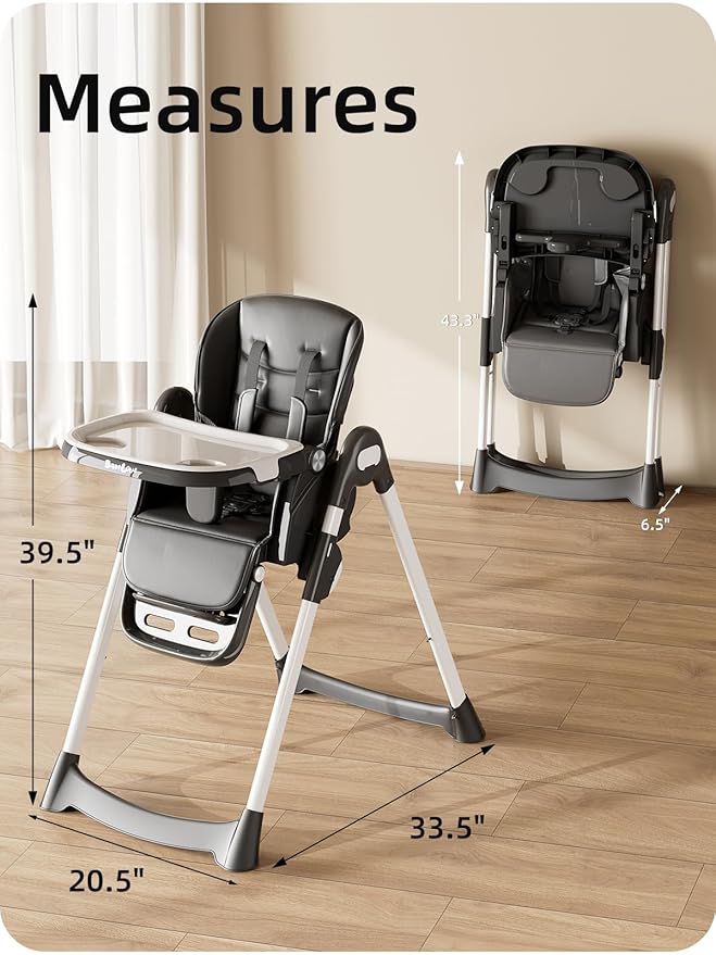 High Chair, Foldable High Chairs for Babies and Toddlers with Removable Tray, Height Adjustable Feeding Chair, Adjustable Backrest and Footrest, Black