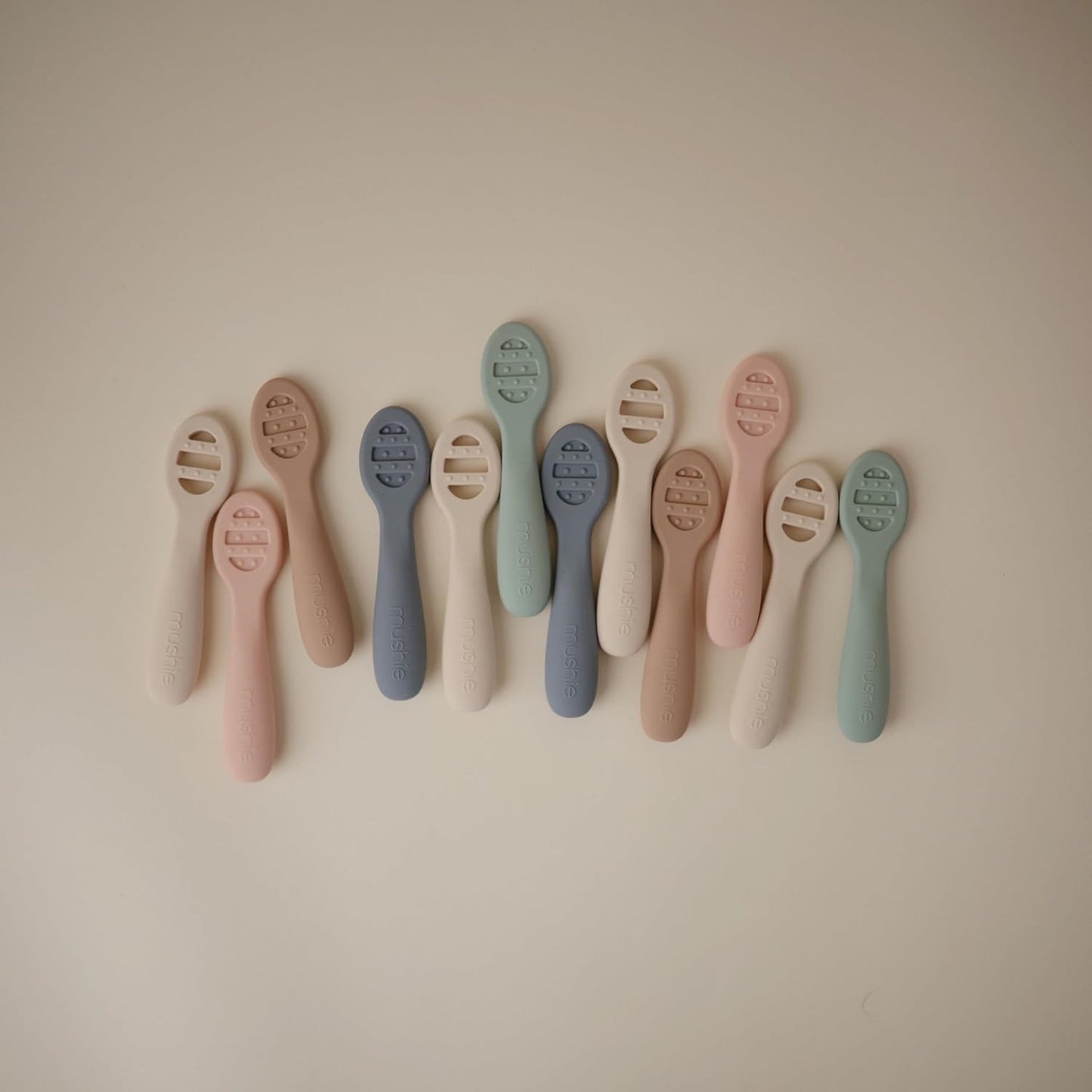 mushie Silicone First Feeding Baby Spoons | 2 Pack (Cambridge Blue/Shifting Sand)