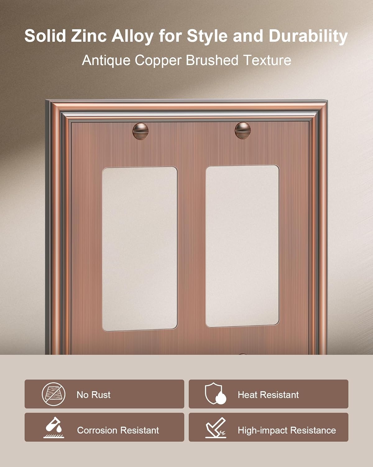 2-Pack Decorative Double Decorator Outlet Cover Plate, Durable Zinc Alloy Antique Copper Wall Plates for Electrical Outlets, Receptacle, GFCI Outlet, Dimmer Switch, 2-Gang Corrosion Resistant