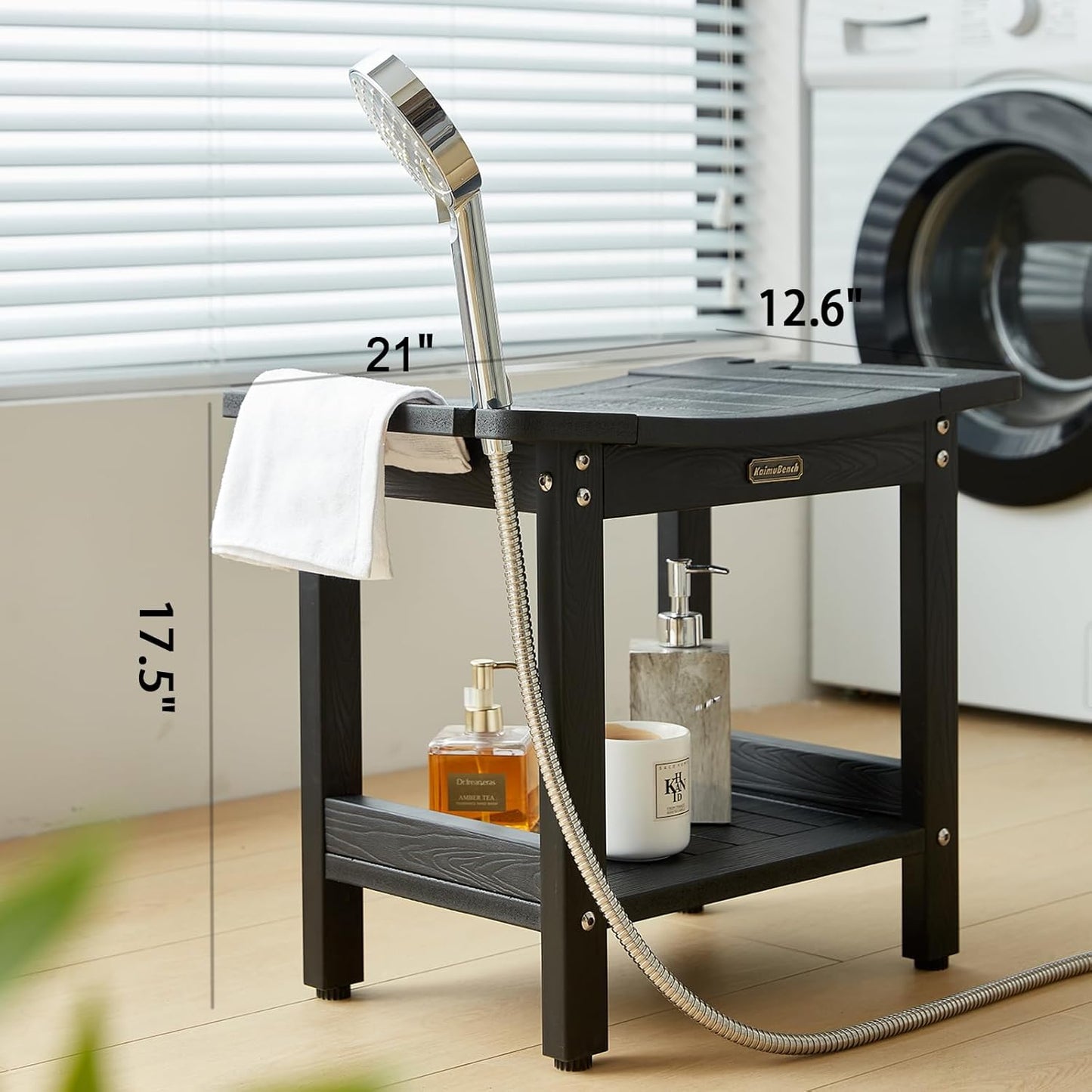 Shower Bench Seat for Shaving Legs, Waterproof Shower Stool for Inside Shower with Handles & Shower Head Holder, Bathroom Shower Chair, Black Shower Foot Rest with Adjustable Feet, Non-Slip