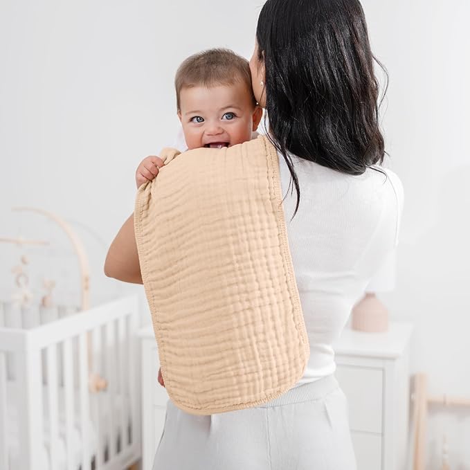 Comfy Cubs Muslin Burp Cloths 20" x 10", Pack of 10 - Large, 6-Layer, Ultra Absorbent 100% Cotton for Baby Drool and Messes - Soft, Safe & Gentle Baby Burp Cloths for Boys & Girls - Cream