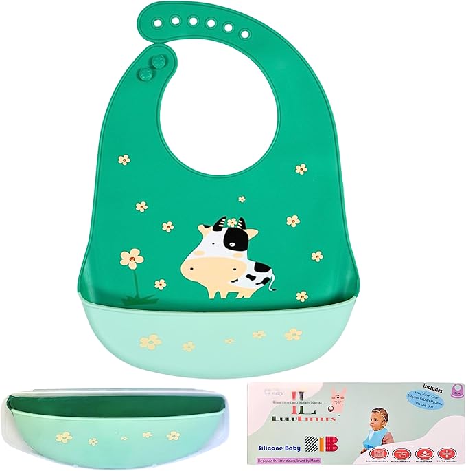Silicone Baby Bibs Unisex, Self-Feeding, Catch-all Large Pocket, 6-48 months, BPA-Phthalate Free, w/Travel Case