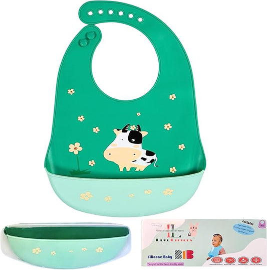 Silicone Baby Bibs Unisex, Self-Feeding, Catch-all Large Pocket, 6-48 months, BPA-Phthalate Free, w/Travel Case