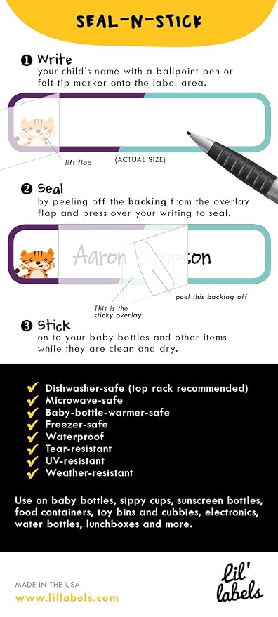 Bottle Labels, Write-On, Self-Laminating, Waterproof Kids Name Labels for Baby Bottles, Sippy Cup for Daycare School, Dishwasher Safe (Animal Friends), Made in The USA