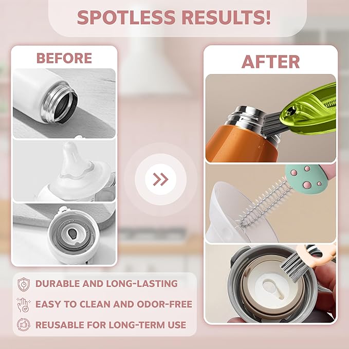 Cup Lid Cleaning Brush, Multifunctional Set with 3 in 1 Lid Cleaner and Two 4 in 1 Cup Lid Cleaning Brushes, Cleaning Brush Tool for Bottles, Straws, Tumblers, Travel Mug Caps, Portable Kit (Pink)