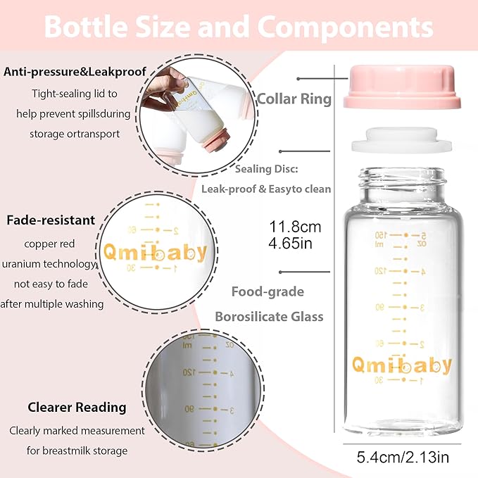 Breast Milk Storage Bottles 150ml 5oz BPA-Free Leak-Proof Baby Bottle Compatible with Medela Breast Pumps for Breastmilk Storage Bottle Breastfeeding 6 Pack (Grey+Pink)