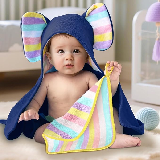 VOOVA & MOVAS Thick Baby Hooded Bath Towel - 100% Cotton,500GSM, 33x31.5 Inches,0-2Years, Super Absorbent Large Towel with Cute Elephant Ears Hood for Newborn, Baby, Infant, Baby Essentials,Navy