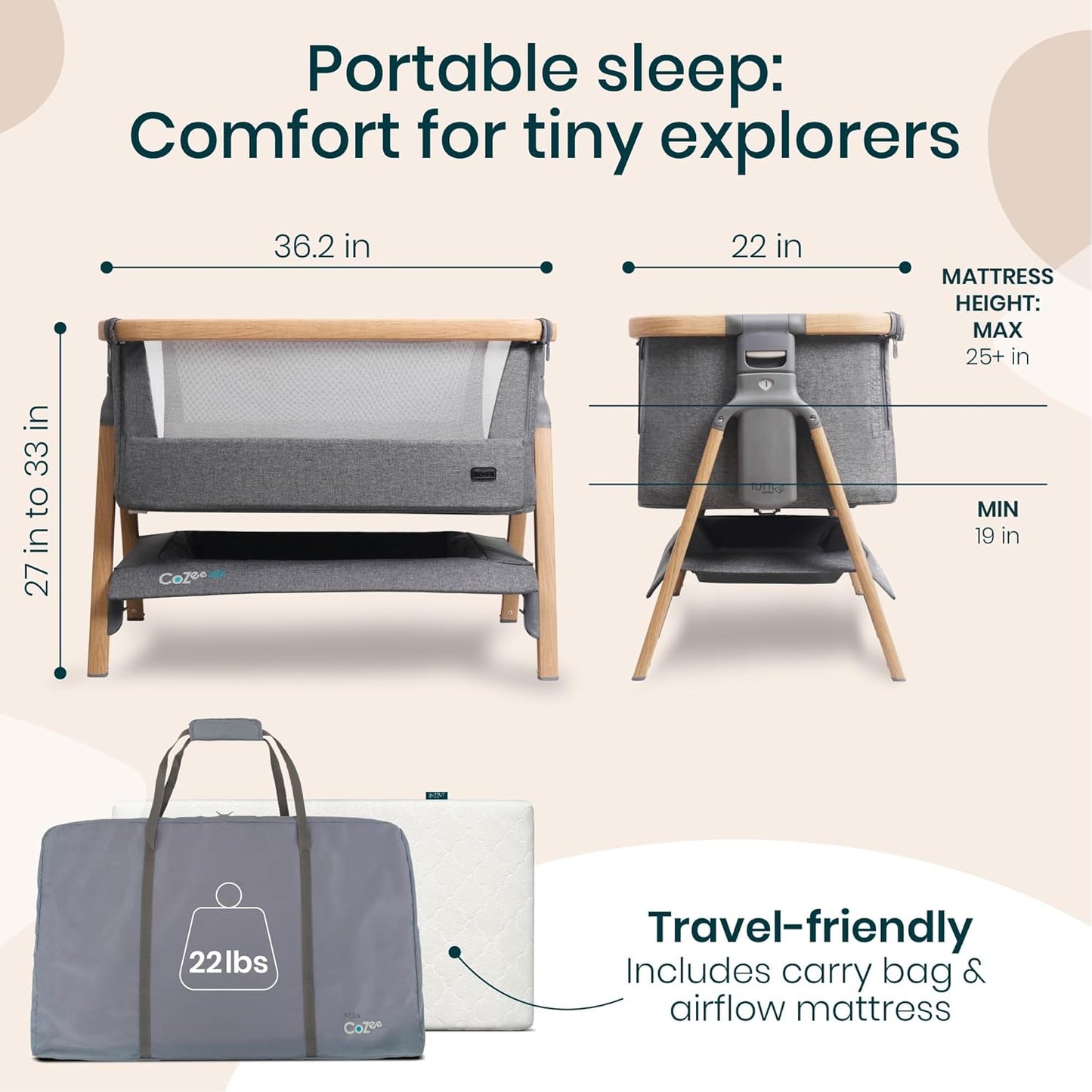 CoZee® Air Baby Bassinet & Bedside Sleeper - Rocking Bassinet for Baby, Fast-Folding with Travel Bag, Deluxe Airflow Mattress & 6 Mattress Heights, 0-6 Months (Oak & Charcoal)