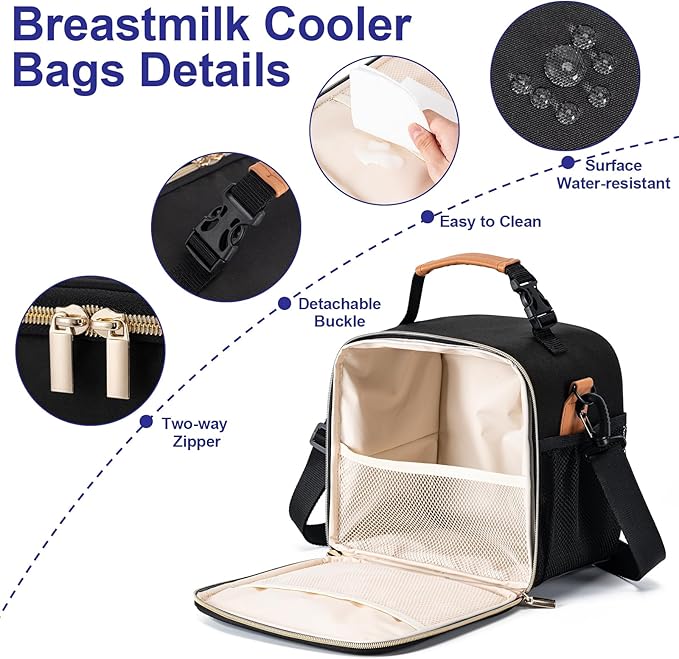 Baby Bottle Cooler Bag with Ice Pack, Breastmilk Cooler Bag Fits 6 Baby Bottle Up to 9 Oz, Insulated Bottle Bag with Should Straps for Travel & Work, Black