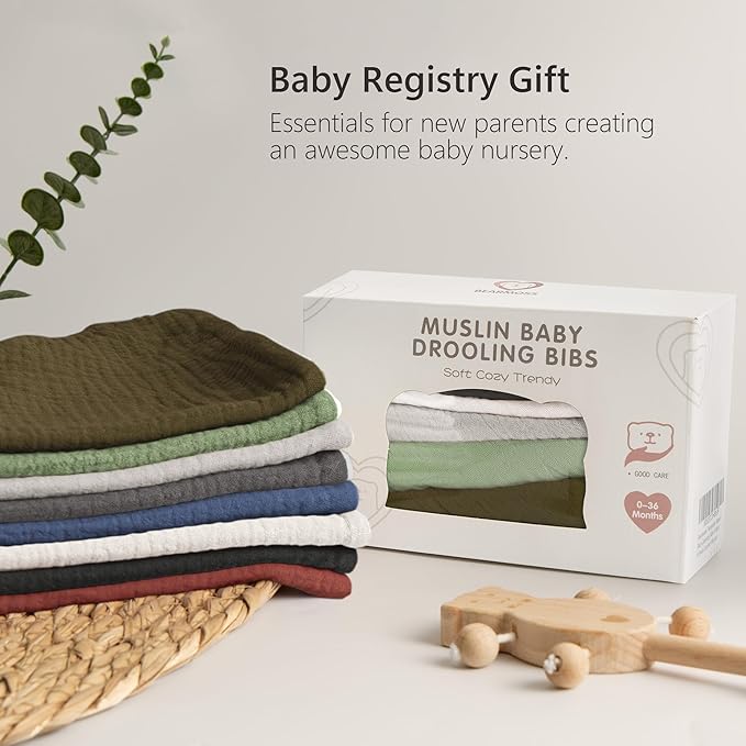 Bearmoss Muslin Baby Bibs 8 Pack Soft Bandana Bibs for Drooling & Teething, Absorbent Burp Cloths with Adjustable Snaps