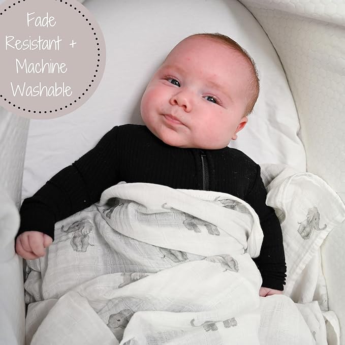 LollyBanks Muslin Swaddle Blankets, Large 47 x 47 Inches Baby Blanket for Boys and Girls, 100% Cotton Baby Swaddle Blanket, Newborn Receiving Blanket for Swaddling, Registry (Baby Elephant Print)