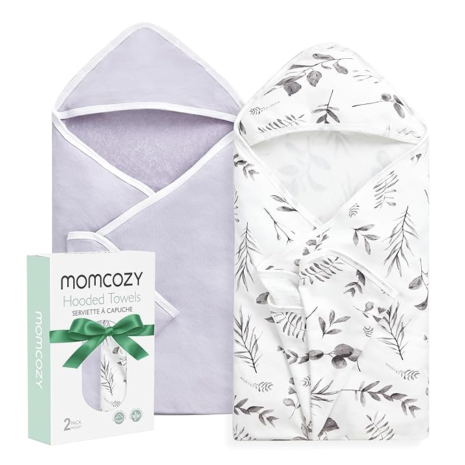 Momcozy Hooded Baby Towel, 2 Pack and Cotton Bath Towel with Hooded, Large 35 X 35 Inch, Baby Towel Set for Boy or Girl,Infant and Kid, Ink Wash Leaves