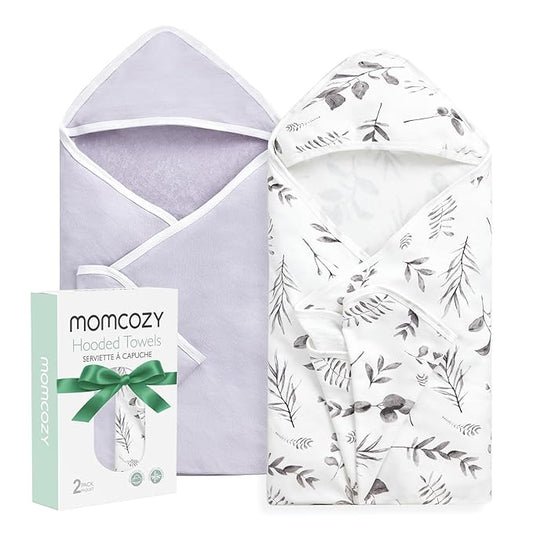 Momcozy Baby Hooded Towel-Made from Cotton, Suitable for Newborn Shower Gifts, 2 Count (Pack of 1), 28 X 28 Inch, Ink Wash Leaves