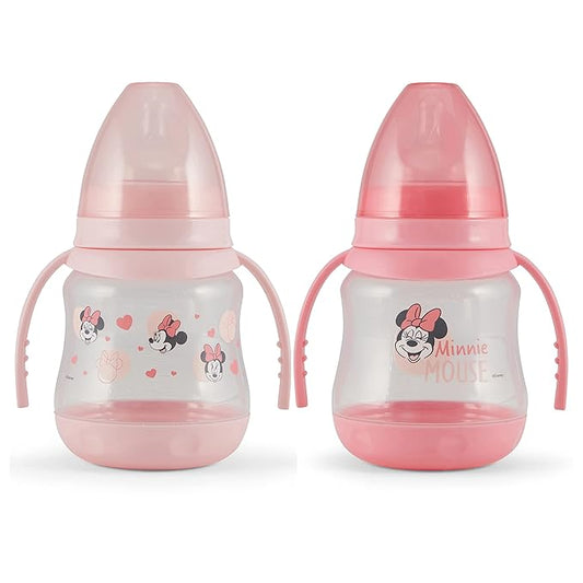 Disney 2 Pack 7 Ounce Baby Bottles with Character Prints and Colored Covers with Double Handle - BPA Free and Easy to Clean