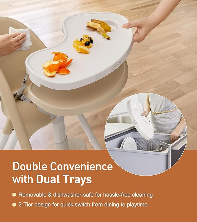 Funny Supply 3-in-1 Cute Folding High Chair, High Chairs for Babies and Toddlers, Modern Space Saving Highchair with Removable Double Tray, Easy to Clean, Light Weight Baby Feeding Chair, Cream