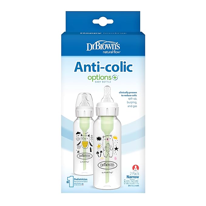 Dr. Brown's Natural Flow Anti-Colic Options+ Narrow Baby Bottle, Bear & Owl, 8 oz/250 mL, with Level 1 Slow Flow Nipple, BPA Free, 0m+, 2-Pack