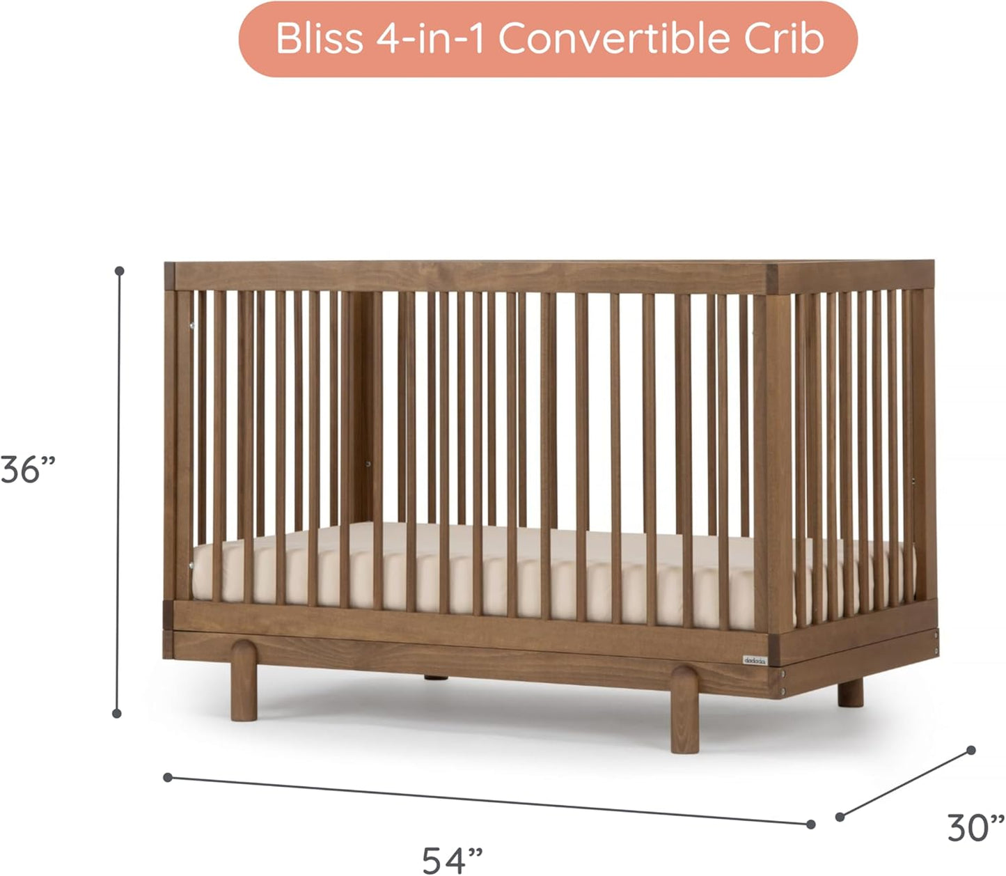 dadada Baby Bliss 4 in 1 Convertible Crib to Toddler Bed & Floor Bed – Made in Italy, GREENGUARD Gold Certified, Baby-Safe Finish, Sustainable Beech Wood, Modern Design, 4 Adjustable Heights (Walnut)