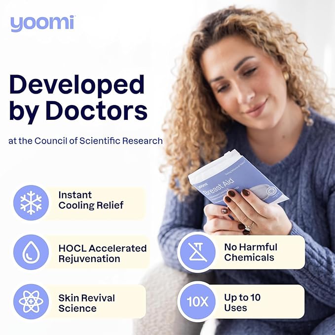 Yoomi Breast Aid™ Soothing Cryogel Pads for Sore Cracked Nipples with HOCl, 10x Multiuse, Advanced Cooling Tech for Instant Relief & Repair, Rapid Hydration for Lasting Comfort for Breast Feeding Moms