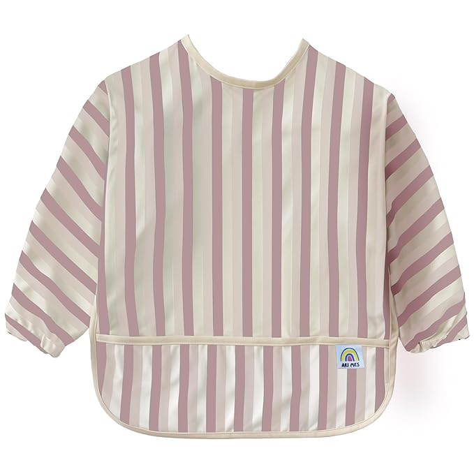 ARI MES Long Sleeves Waterproof Baby Bibs for Eating - Pink Stripes, Medium- Wearable, Coverall for Toddler, Long Sleeve Bib, Smock Apron for Feeding - Applicable for 6-72 Months