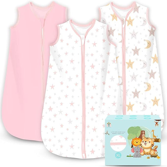 Cute Castle Baby Sleep Sack 18-24 Months - Lightweight 100% Cotton 2-Way Zipper TOG 0.5 Infant Wearable Blanket, Newborn Essentials Toddler Sleep Clothes, 3 Pack(Pink, Moon, Stars)