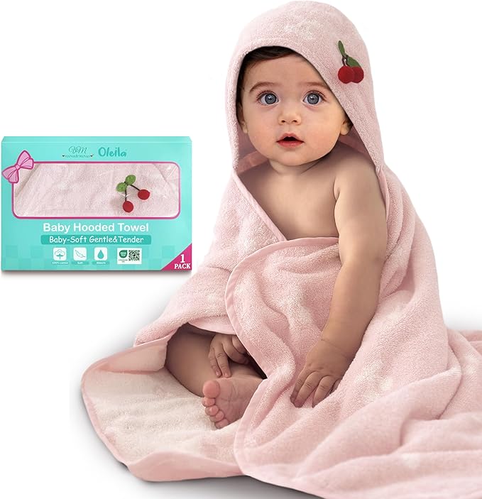 VOOVA & MOVAS Thick Baby Hooded Bath Towel - 100% Cotton,420GSM, 30.5x36 Inches,0-2Years, Super Absorbent Large Towel with Cherry Hood for Newborn,Toddler,Infant, Baby Essentials, Pink Cherry