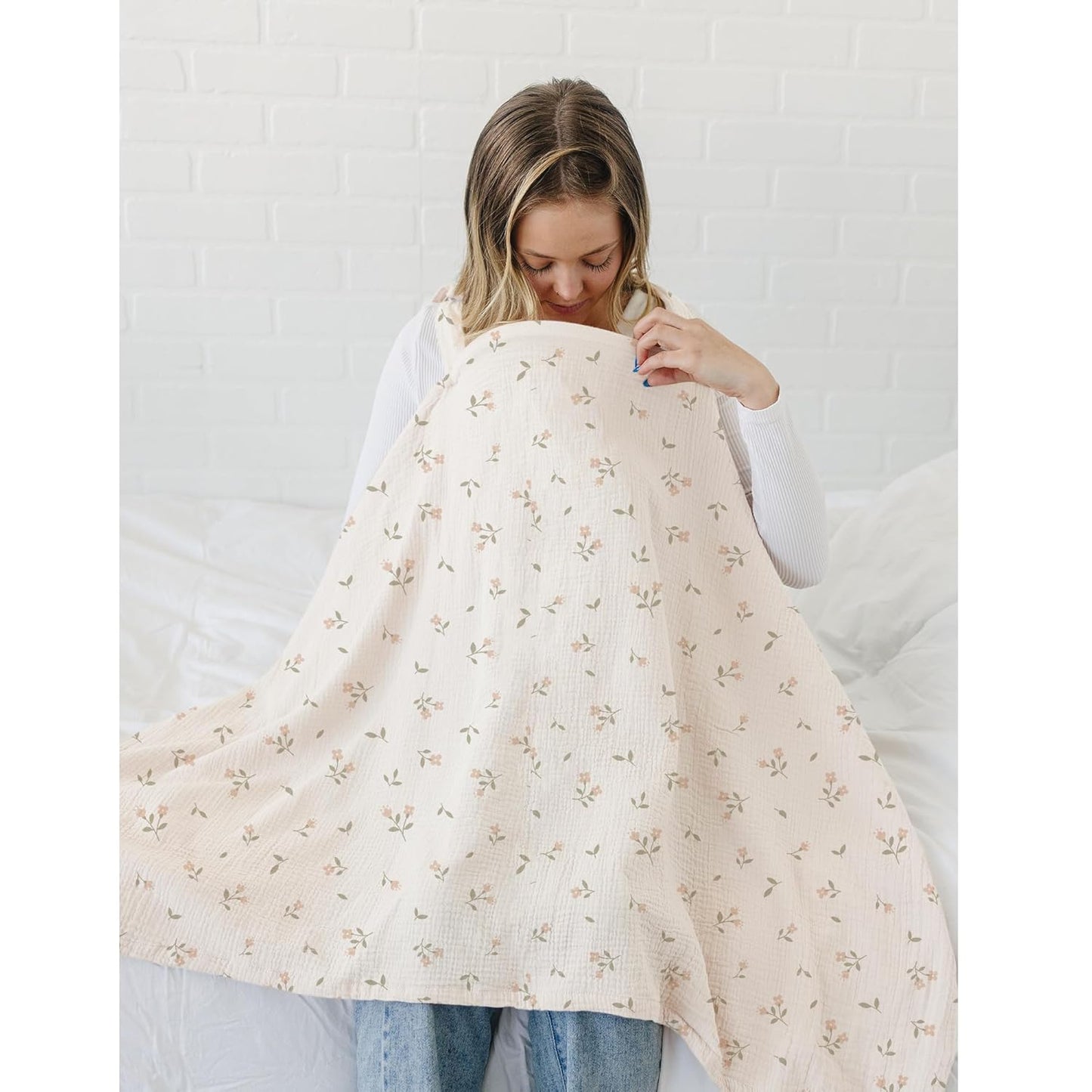 Muslin Nursing Covers for Breastfeeding, Privacy Breast Feeding Cover with Arch Neckline for Mom and Baby, Breathable 100% Cotton Nursing Apron Multi-use Stroller Cover