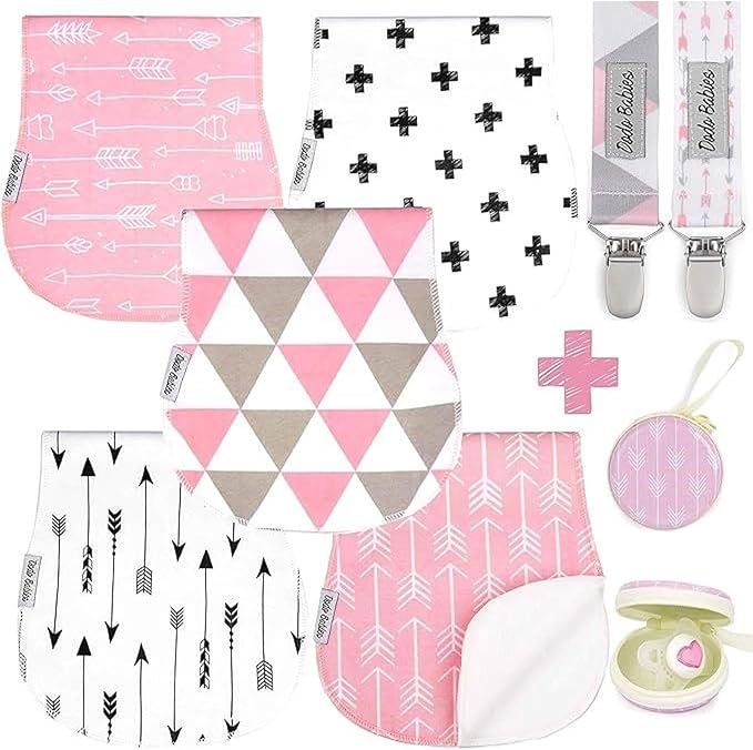 Dodo Babies Burp Cloths for Babies 5-Pack - 19 x 9 in - Pink & White - 5 Contoured Cloths, 2 Pacifier Clips & Case - Soft Cotton & Fleece Absorbent Design - Girls & Boys
