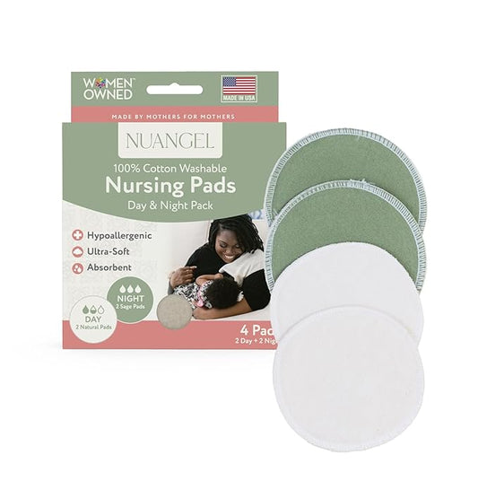 NuAngel Day & Night Reusable Nursing Pads for Breastfeeding, 100% Cotton—Day 4‑Layer, Night 8‑Layer Overnight Protection – 4 Pack (Natural/Sage)