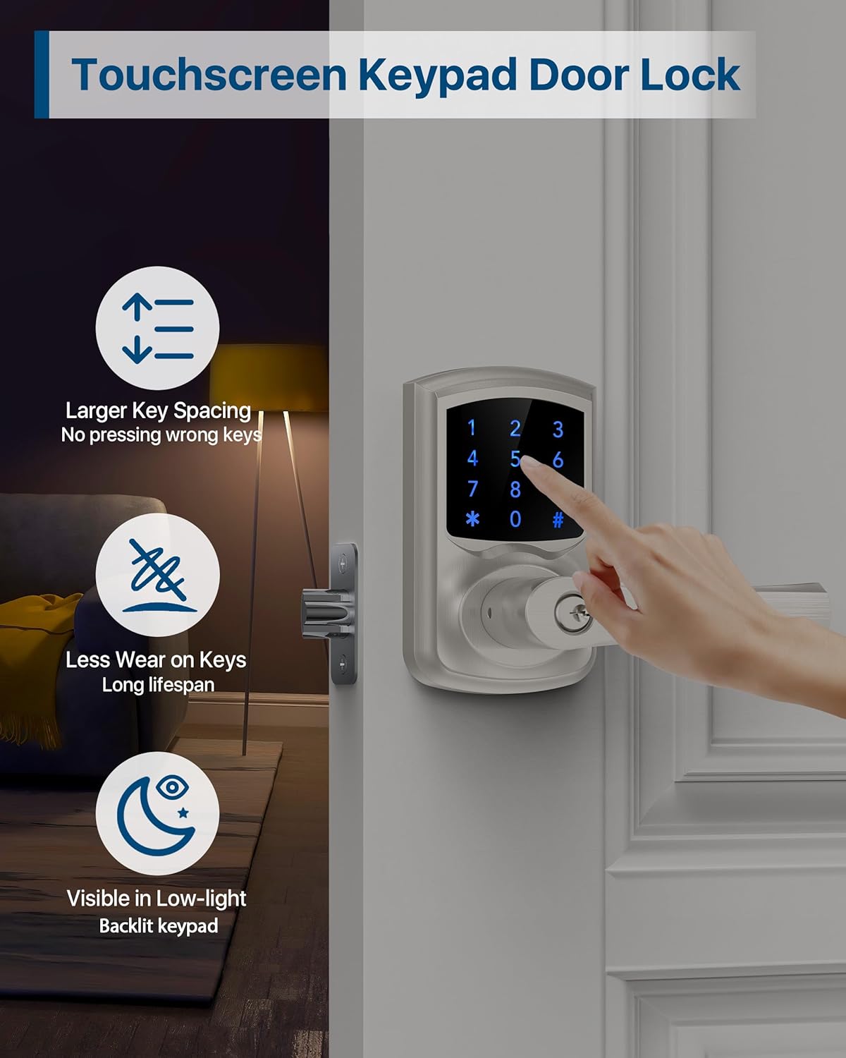 Keyless Entry Door Lock, Electronic Keypad Door-Lock with Handle, Touchscreen, Auto-Locking, Anti-peep Password, Easy to Install for Front Door, Home, Office, Satin Nickel