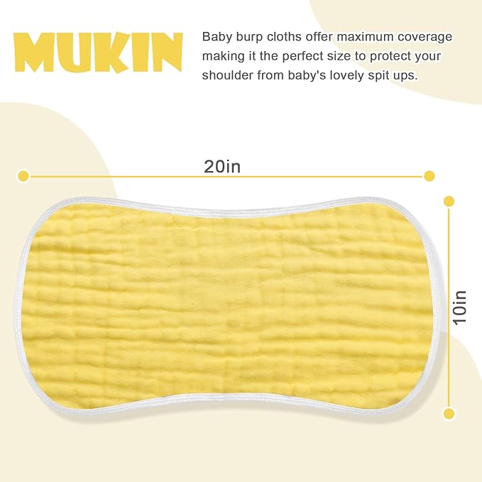 MUKIN Baby Muslin Burp Cloth Set of 6, Ultra Soft Absorbent Thick Cotton Burping Cloths for Unisex Newborn Babies, 20'' by 10'' Neutral Milk Spit Up Rags Boys Girls - Baby Must Haves(Gradient Yellow)