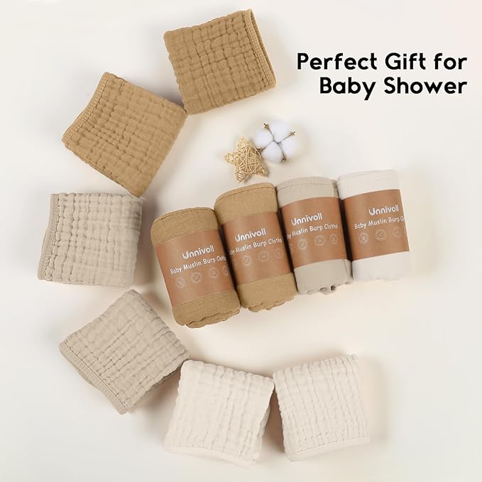 Muslin Burp Cloths for Baby 100% Cotton Burping Cloths for Boys Girls Large 20''X10'' Extra Soft and Absorbent 12 Pack - Gradient Khaki